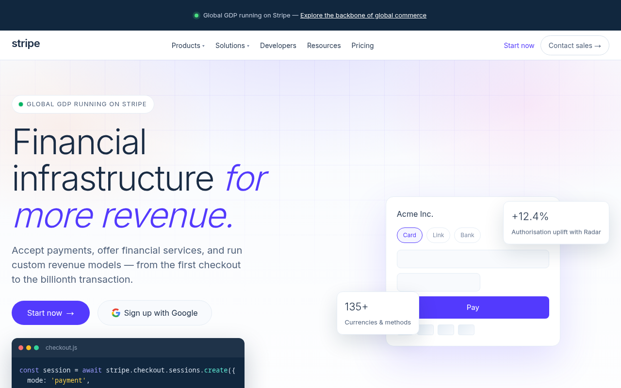 Screenshot of a generated Stripe-style fintech site deployed by Webly